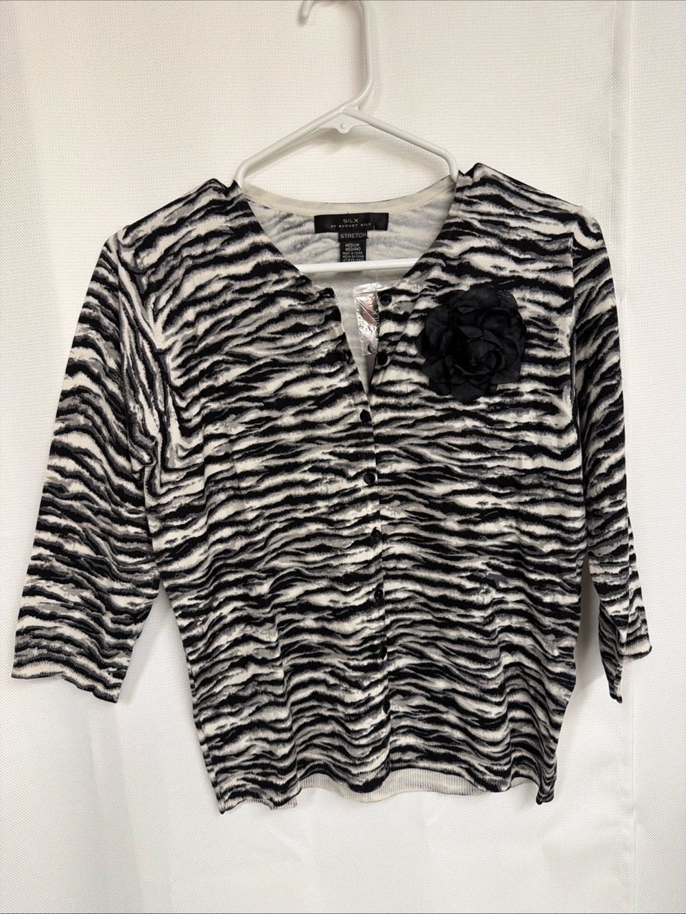 NWT August Silk Cardigan Sweater M Washable Silk Zebra 3/4 Slv Flower Appliqué